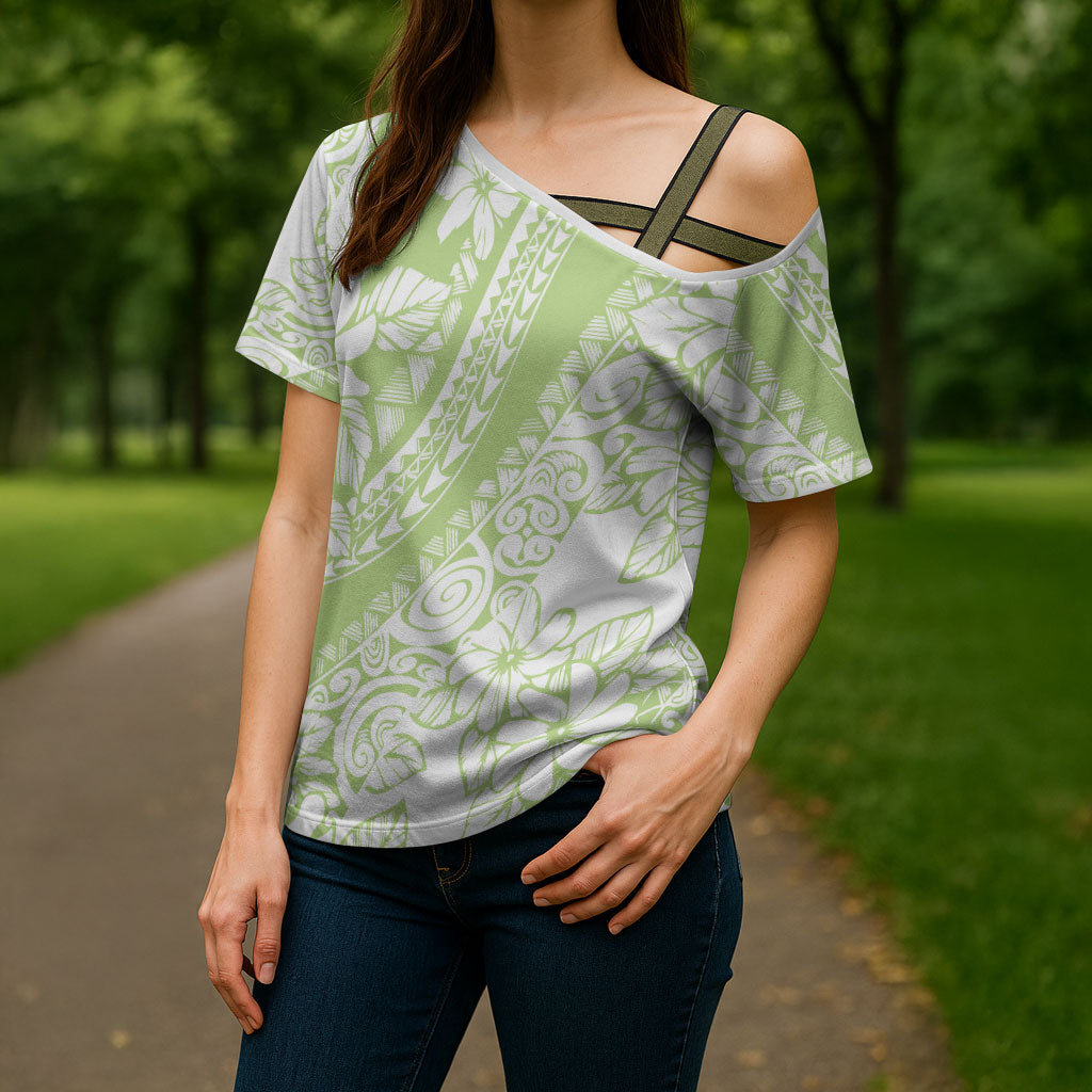 Polynesian Tiare Flower Sage Green Pastel Cross Shoulder Shirt LT14 - Polynesian Pride