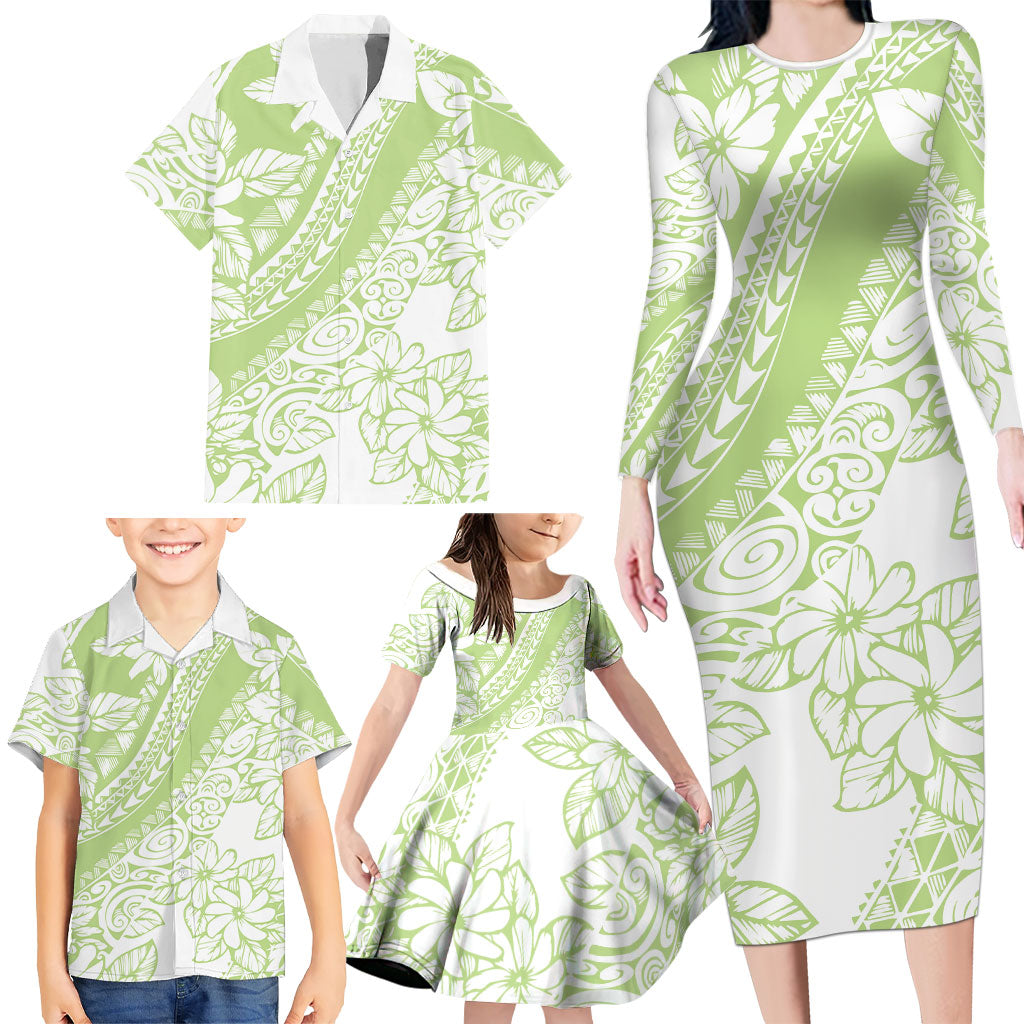 Polynesian Tiare Flower Sage Green Pastel Family Matching Long Sleeve Bodycon Dress and Hawaiian Shirt LT14 - Polynesian Pride