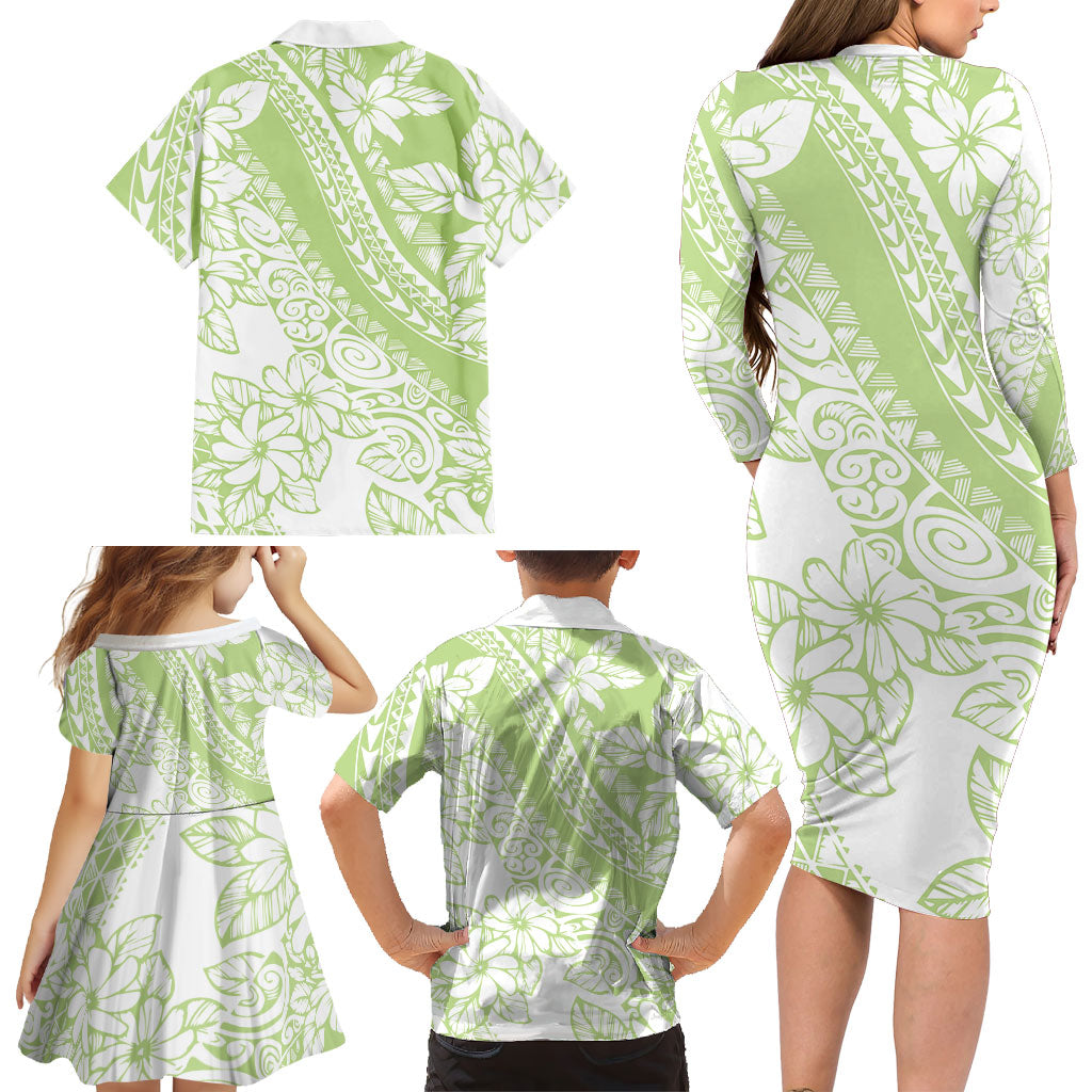 Polynesian Tiare Flower Sage Green Pastel Family Matching Long Sleeve Bodycon Dress and Hawaiian Shirt