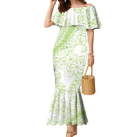 Polynesian Tiare Flower Sage Green Pastel Family Matching Mermaid Dress and Hawaiian Shirt
