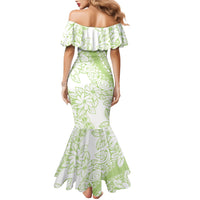 Polynesian Tiare Flower Sage Green Pastel Family Matching Mermaid Dress and Hawaiian Shirt