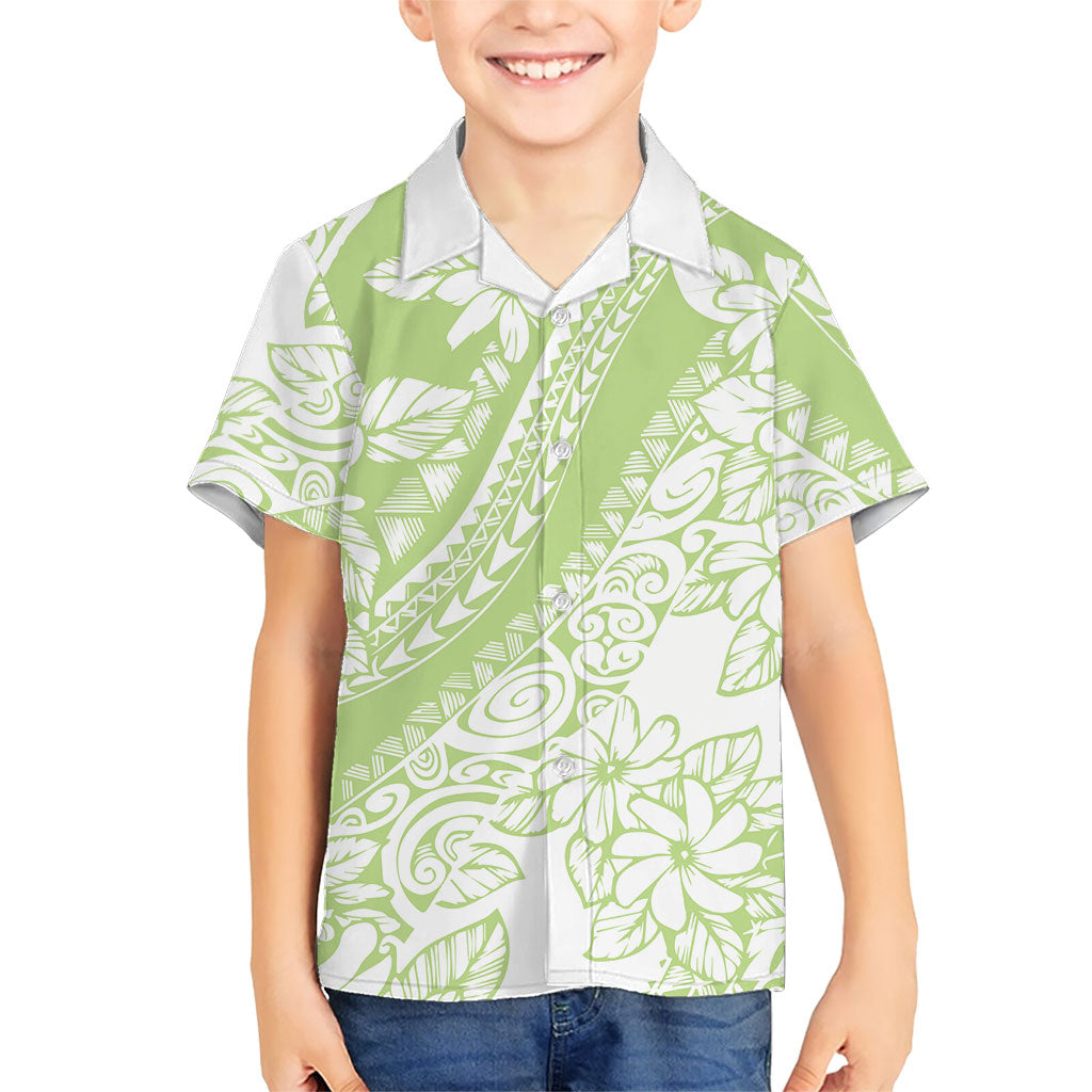 Polynesian Tiare Flower Sage Green Pastel Family Matching Mermaid Dress and Hawaiian Shirt