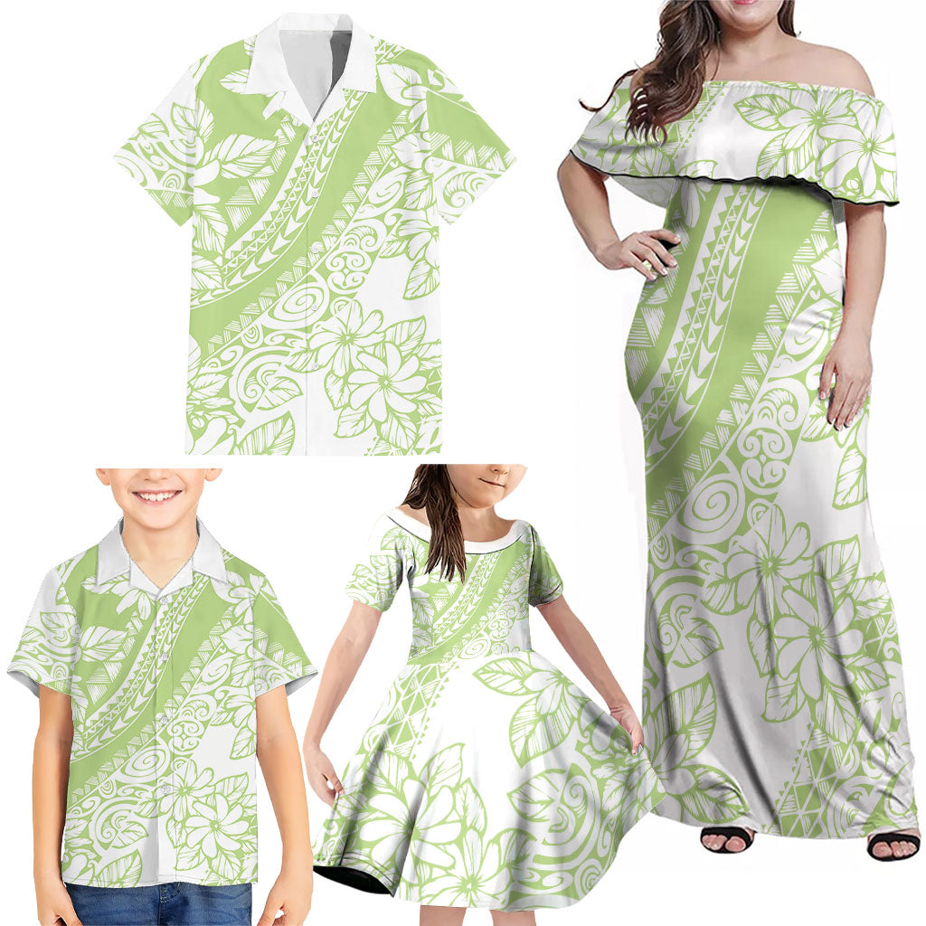 Polynesian Tiare Flower Sage Green Pastel Family Matching Off Shoulder Maxi Dress and Hawaiian Shirt LT14 - Polynesian Pride
