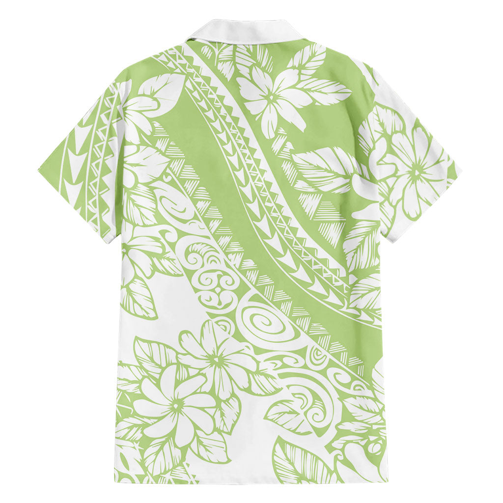 Polynesian Tiare Flower Sage Green Pastel Family Matching Off Shoulder Maxi Dress and Hawaiian Shirt