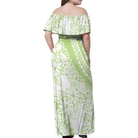 Polynesian Tiare Flower Sage Green Pastel Family Matching Off Shoulder Maxi Dress and Hawaiian Shirt