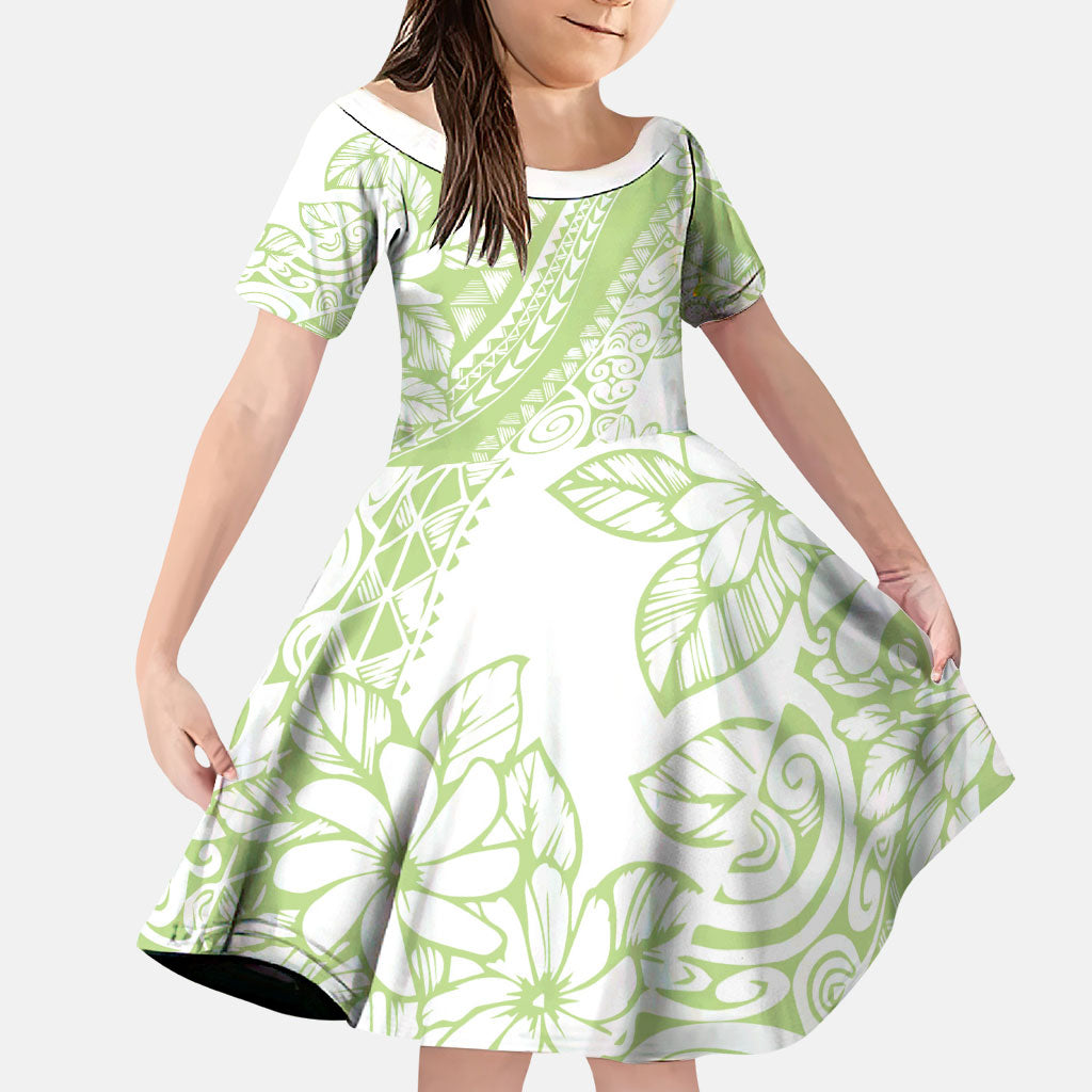 Polynesian Tiare Flower Sage Green Pastel Family Matching Off Shoulder Short Dress and Hawaiian Shirt