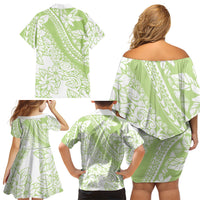 Polynesian Tiare Flower Sage Green Pastel Family Matching Off Shoulder Short Dress and Hawaiian Shirt