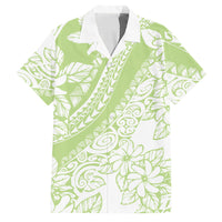 Polynesian Tiare Flower Sage Green Pastel Family Matching Off Shoulder Short Dress and Hawaiian Shirt
