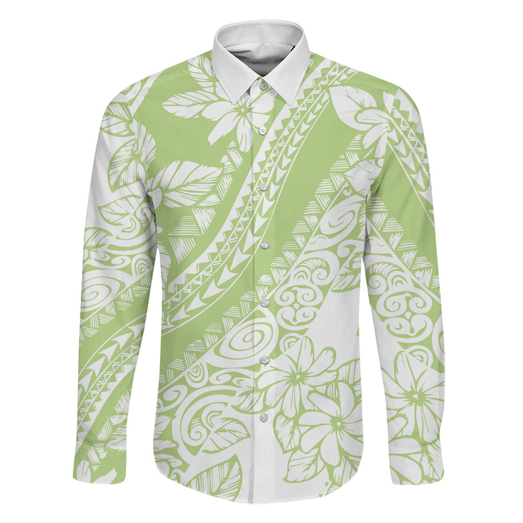 Polynesian Tiare Flower Sage Green Pastel Family Matching Off Shoulder Short Dress and Hawaiian Shirt