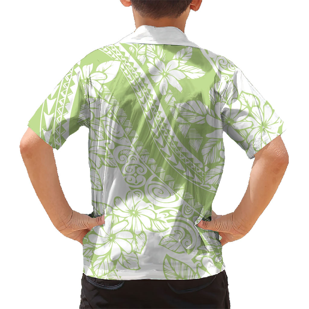 Polynesian Tiare Flower Sage Green Pastel Family Matching Short Sleeve Bodycon Dress and Hawaiian Shirt