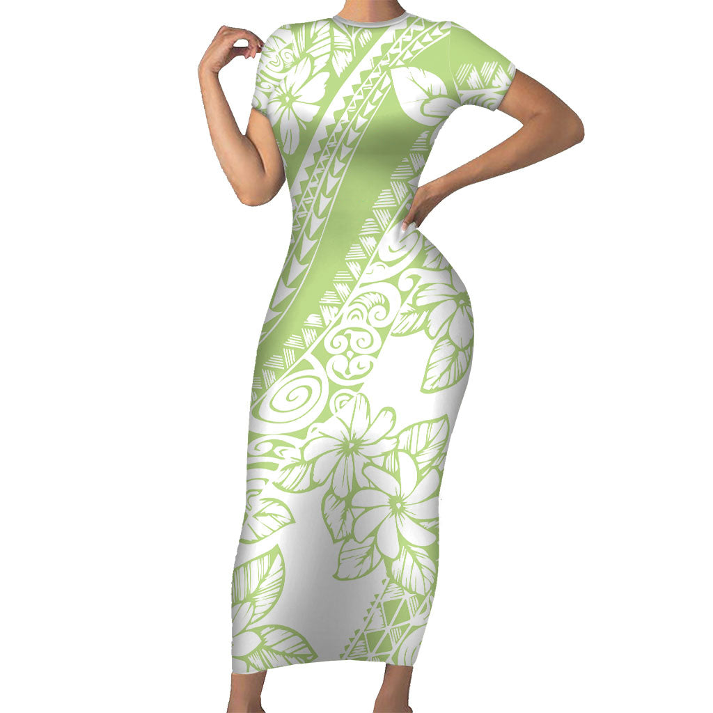 Polynesian Tiare Flower Sage Green Pastel Family Matching Short Sleeve Bodycon Dress and Hawaiian Shirt