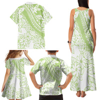 Polynesian Tiare Flower Sage Green Pastel Family Matching Tank Maxi Dress and Hawaiian Shirt