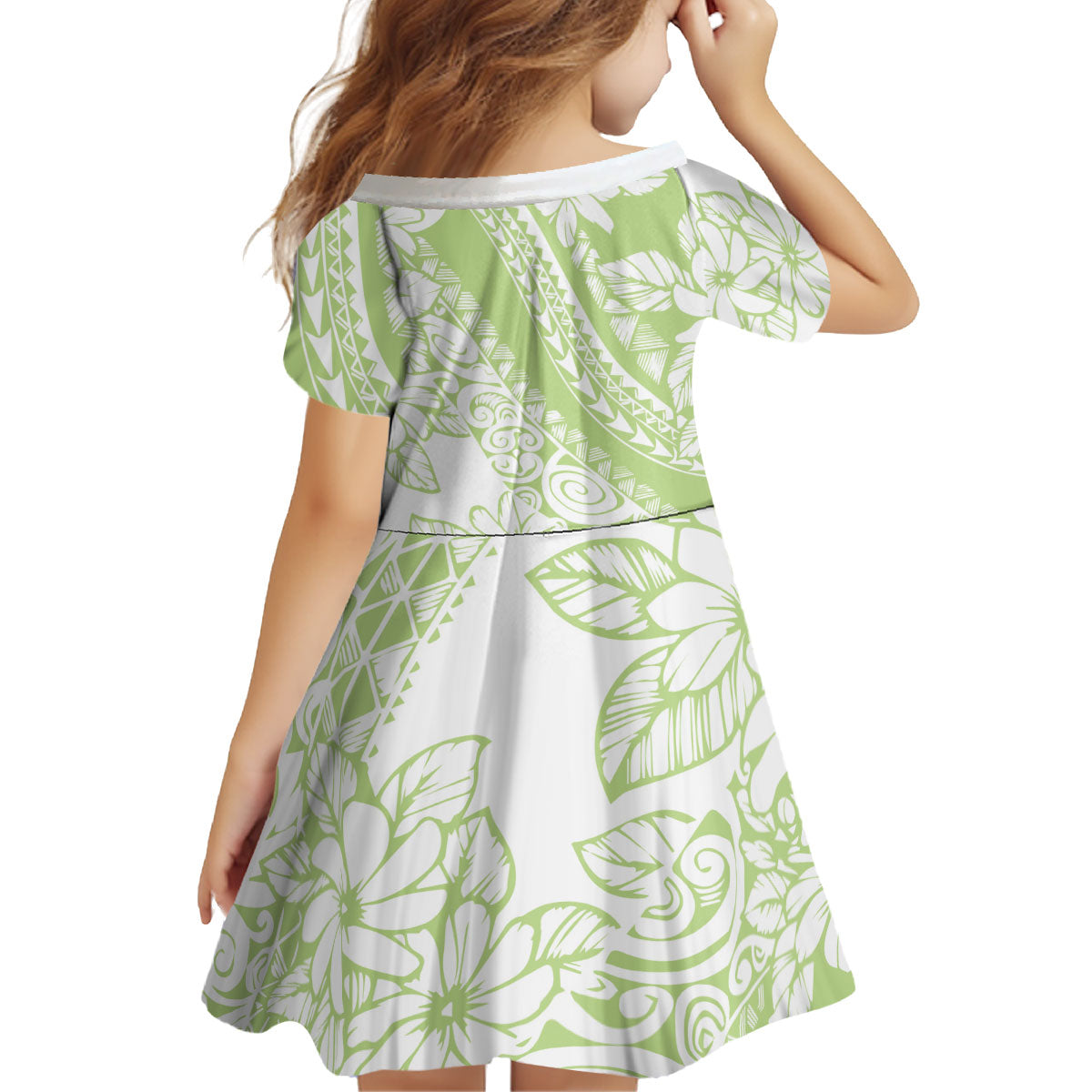 Polynesian Tiare Flower Sage Green Pastel Kid Short Sleeve Dress LT14 - Polynesian Pride