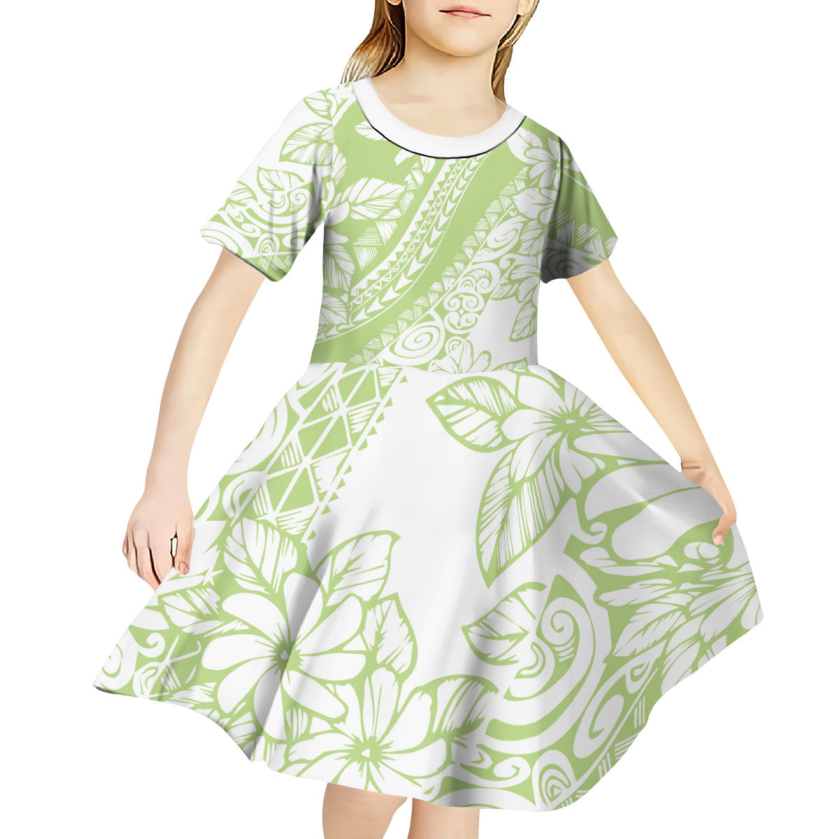 Polynesian Tiare Flower Sage Green Pastel Kid Short Sleeve Dress LT14 - Polynesian Pride