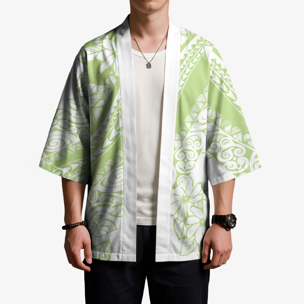 Polynesian Tiare Flower Sage Green Pastel Kimono LT14 - Polynesian Pride