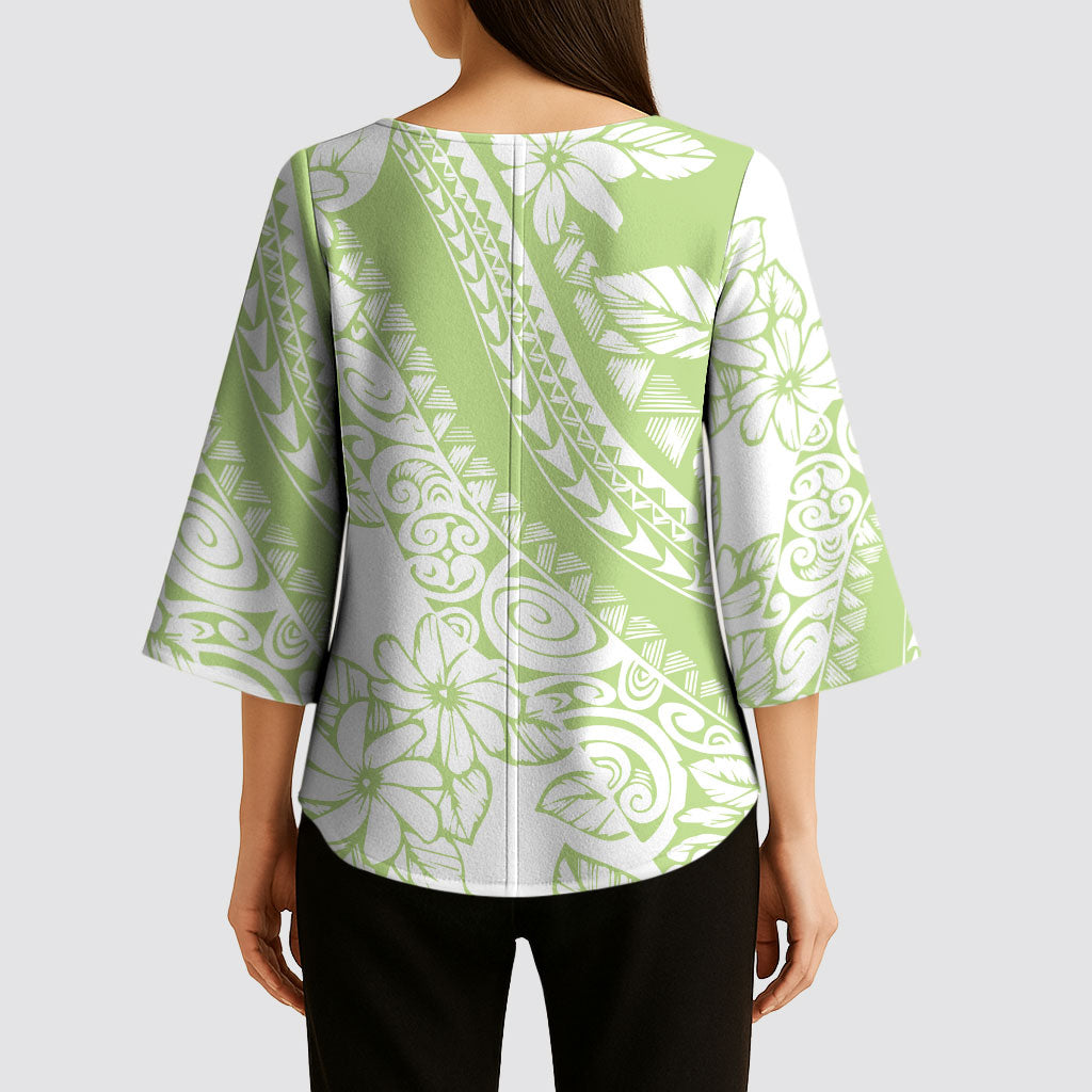 Polynesian Tiare Flower Sage Green Pastel Kimono Sleeve Blouse LT14 - Polynesian Pride