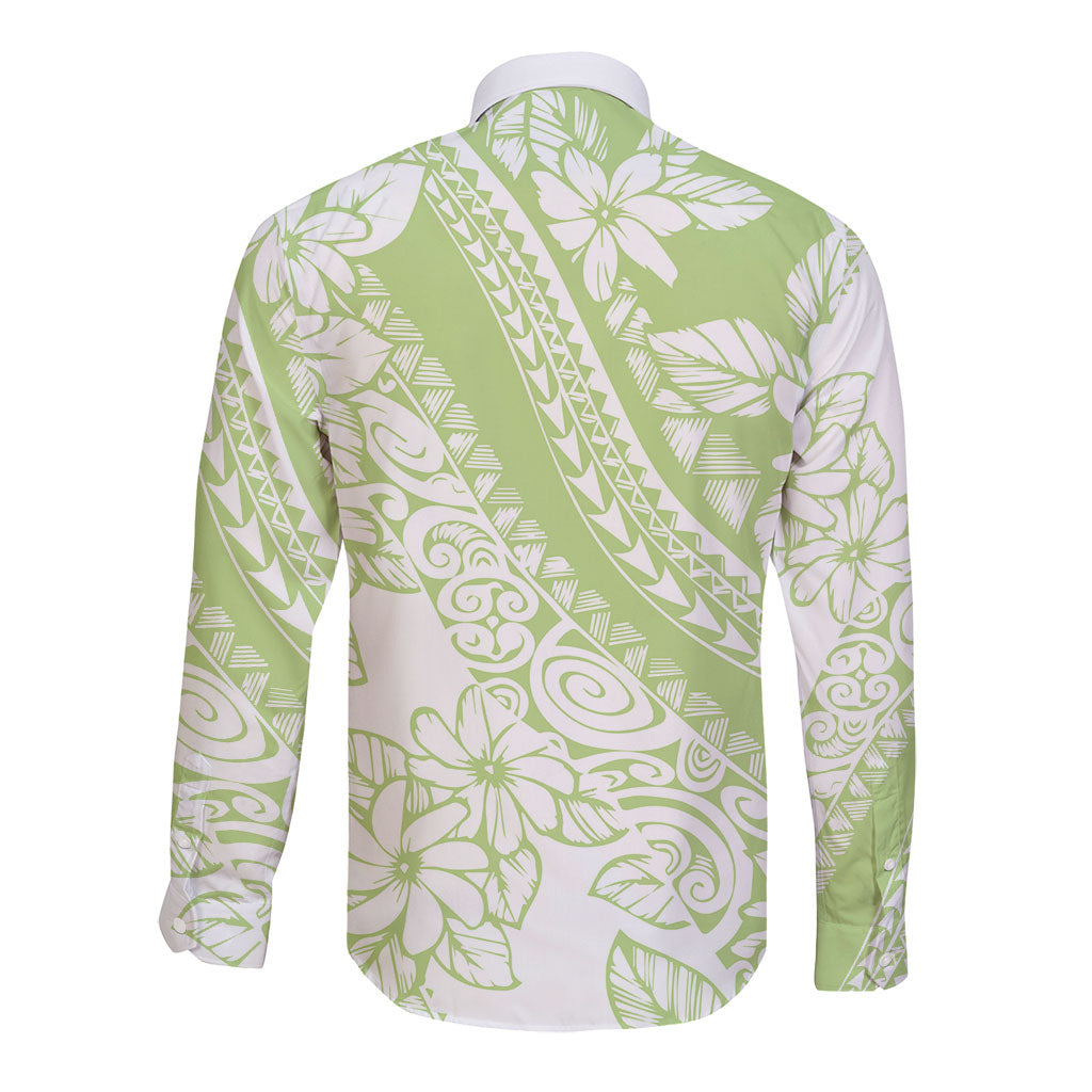 Polynesian Tiare Flower Sage Green Pastel Long Sleeve Button Shirt LT14 - Polynesian Pride