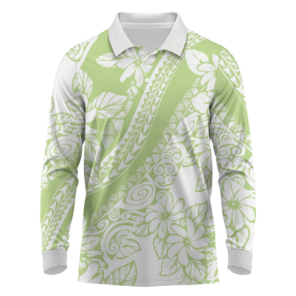 Polynesian Tiare Flower Sage Green Pastel Long Sleeve Polo Shirt LT14 Sage Green - Polynesian Pride