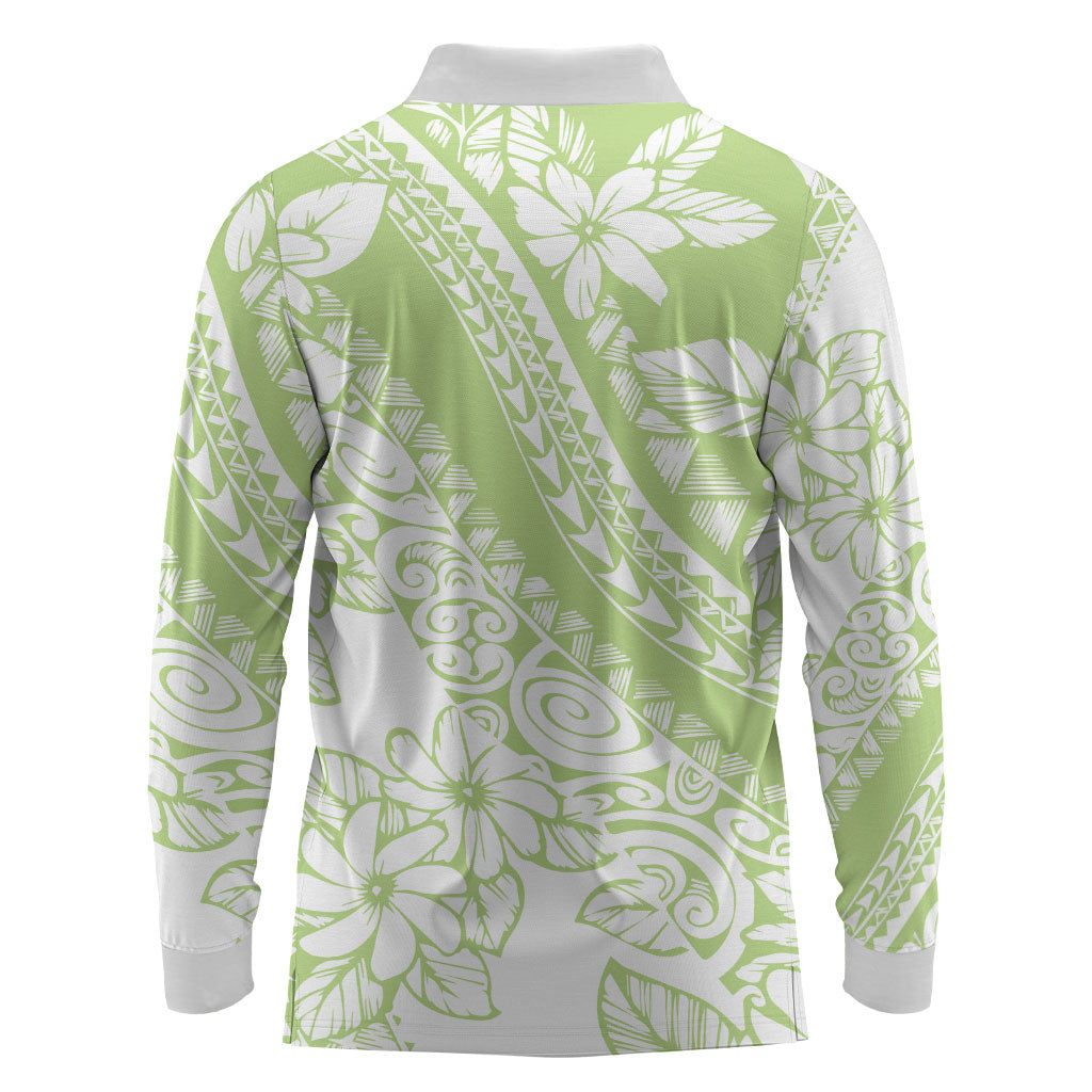 Polynesian Tiare Flower Sage Green Pastel Long Sleeve Polo Shirt LT14 - Polynesian Pride