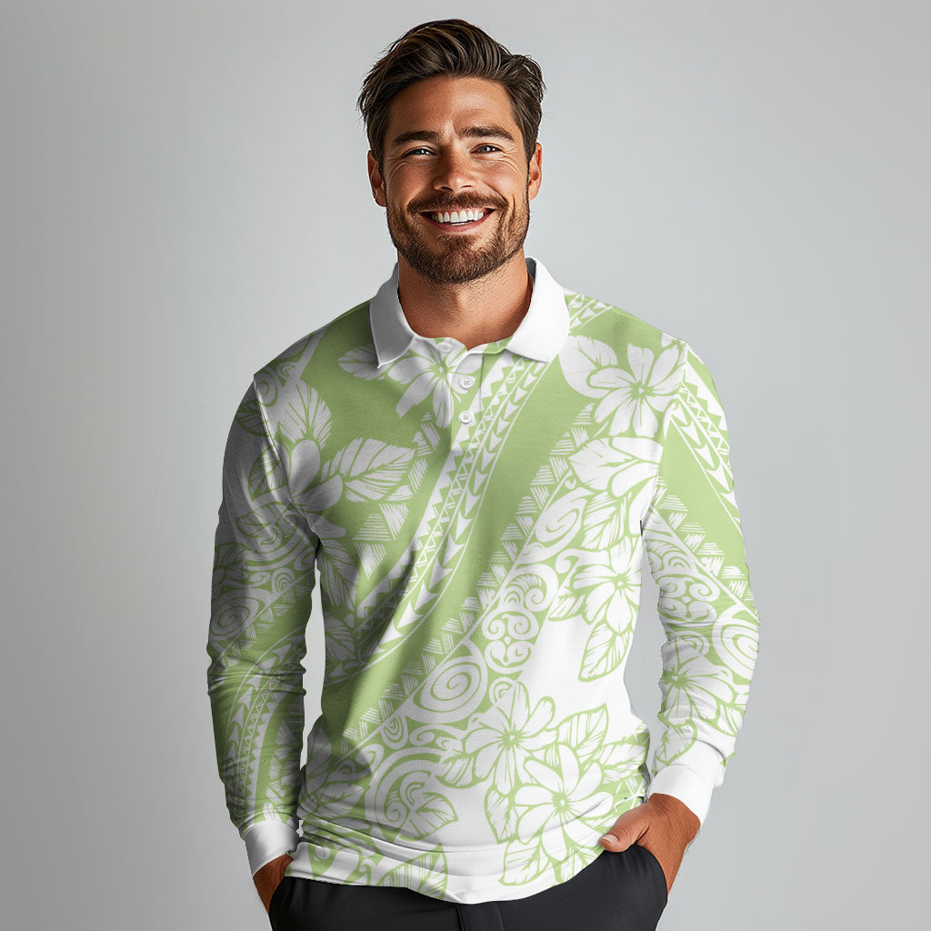 Polynesian Tiare Flower Sage Green Pastel Long Sleeve Polo Shirt LT14 - Polynesian Pride