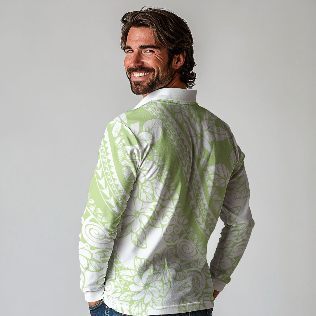 Polynesian Tiare Flower Sage Green Pastel Long Sleeve Polo Shirt LT14 - Polynesian Pride