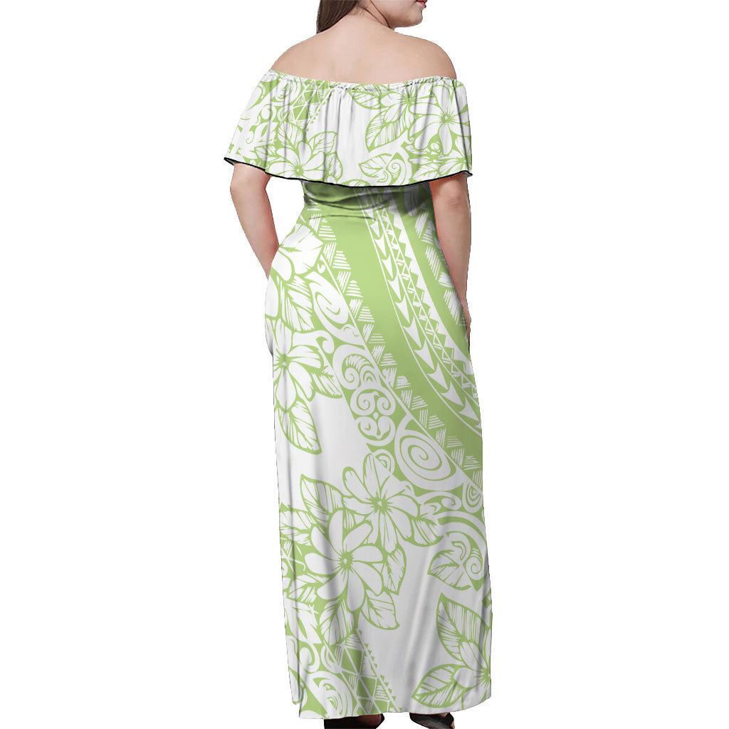Polynesian Tiare Flower Sage Green Pastel Off Shoulder Maxi Dress LT14 - Polynesian Pride