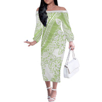 Polynesian Tiare Flower Sage Green Pastel Off The Shoulder Long Sleeve Dress LT14 Women Sage Green - Polynesian Pride