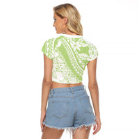 Polynesian Tiare Flower Sage Green Pastel Raglan Cropped T Shirt LT14 - Polynesian Pride