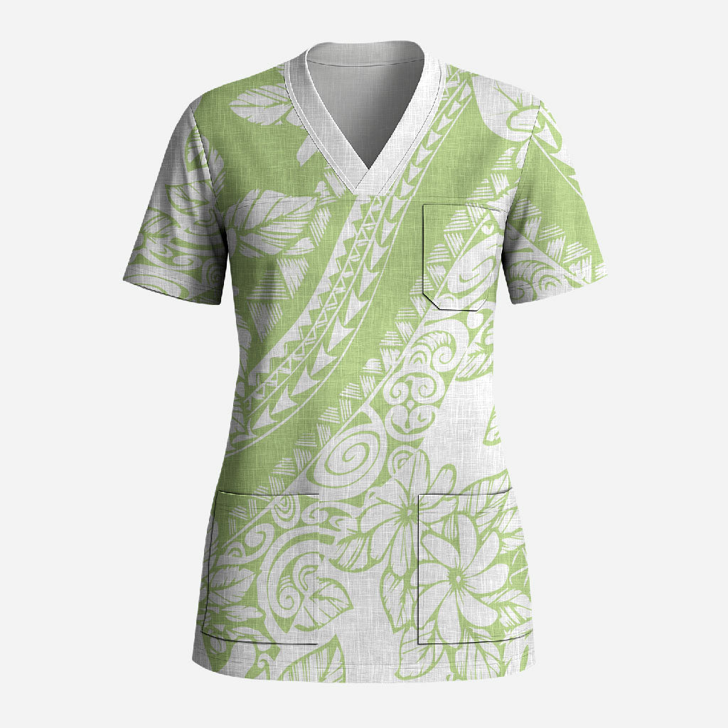 Polynesian Tiare Flower Sage Green Pastel Scrub Top LT14 Adult Sage Green - Polynesian Pride