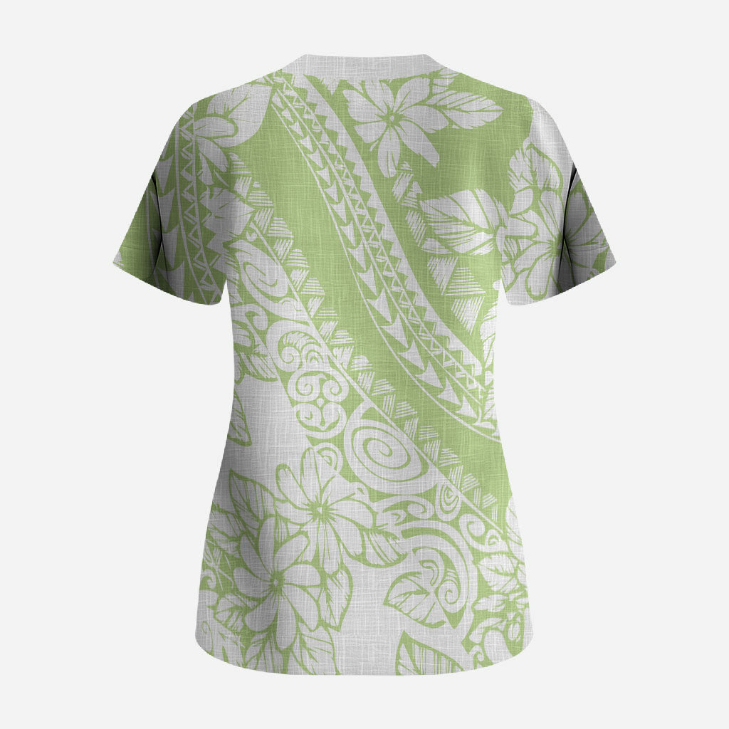 Polynesian Tiare Flower Sage Green Pastel Scrub Top LT14 - Polynesian Pride