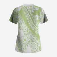 Polynesian Tiare Flower Sage Green Pastel Scrub Top LT14 - Polynesian Pride