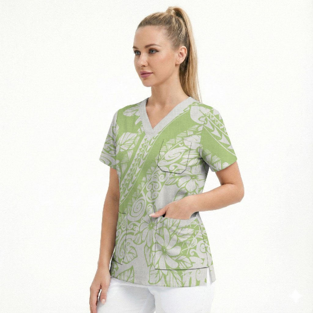 Polynesian Tiare Flower Sage Green Pastel Scrub Top LT14 - Polynesian Pride