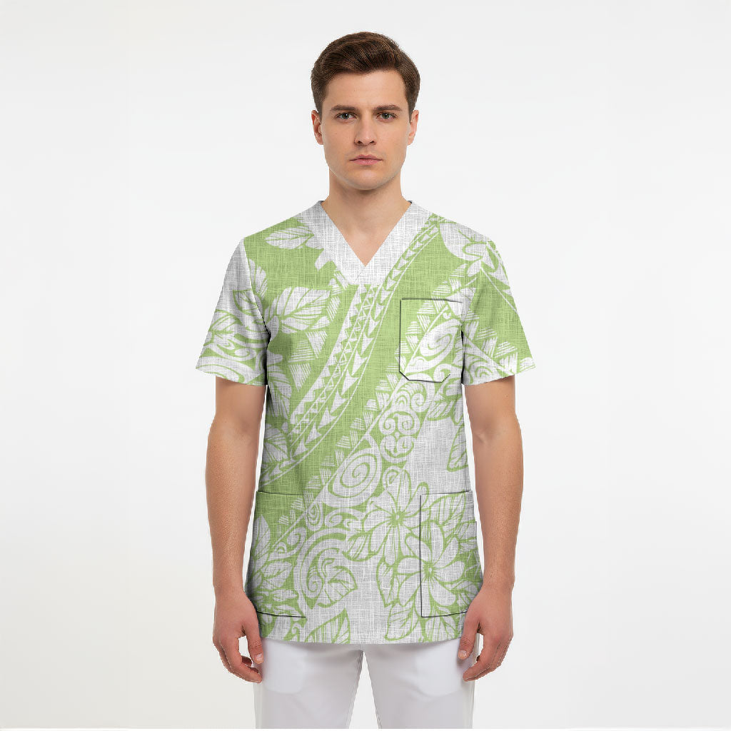 Polynesian Tiare Flower Sage Green Pastel Scrub Top LT14 - Polynesian Pride