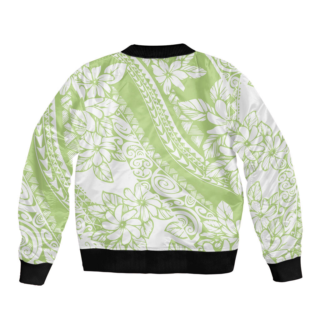Polynesian Tiare Flower Sage Green Pastel Sleeve Zip Bomber Jacket LT14 - Polynesian Pride