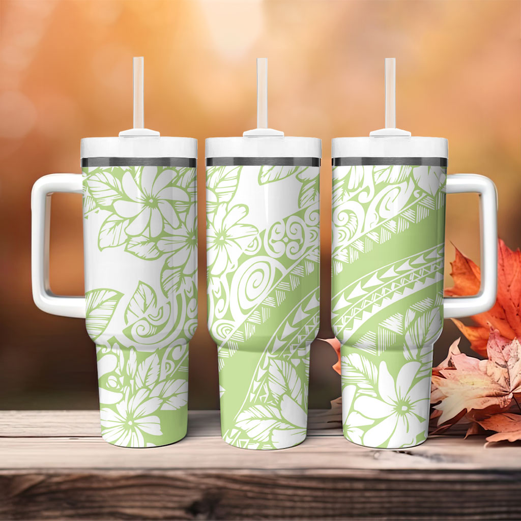 Polynesian Tiare Flower Sage Green Pastel Tumbler With Handle LT14 - Polynesian Pride
