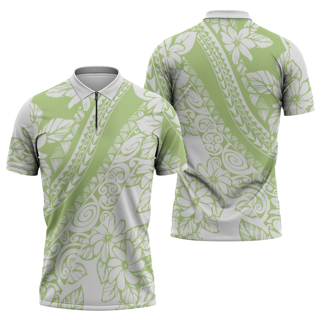 Polynesian Tiare Flower Sage Green Pastel Zipper Polo Shirt LT14 - Polynesian Pride
