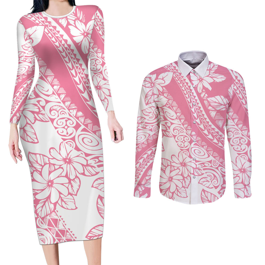 Polynesian Tiare Flower Pink Pastel Vibes Couples Matching Long Sleeve Bodycon Dress and Long Sleeve Button Shirt LT14 Pink - Polynesian Pride