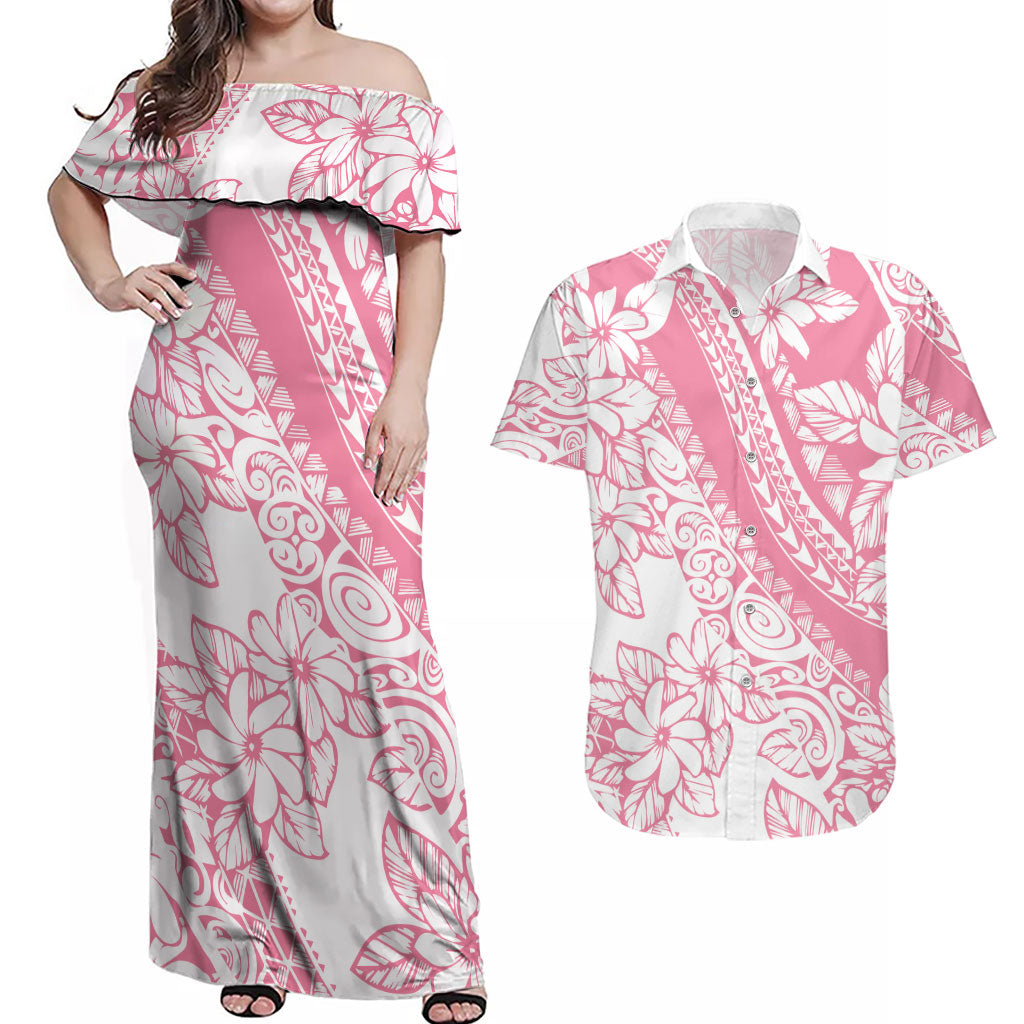 Polynesian Tiare Flower Pink Pastel Vibes Couples Matching Off Shoulder Maxi Dress and Hawaiian Shirt LT14 Pink - Polynesian Pride