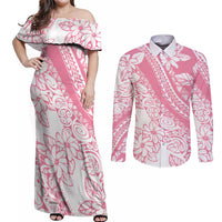 Polynesian Tiare Flower Pink Pastel Vibes Couples Matching Off Shoulder Maxi Dress and Long Sleeve Button Shirt LT14 Pink - Polynesian Pride