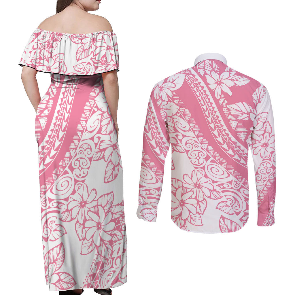 Polynesian Tiare Flower Pink Pastel Vibes Couples Matching Off Shoulder Maxi Dress and Long Sleeve Button Shirt LT14 - Polynesian Pride