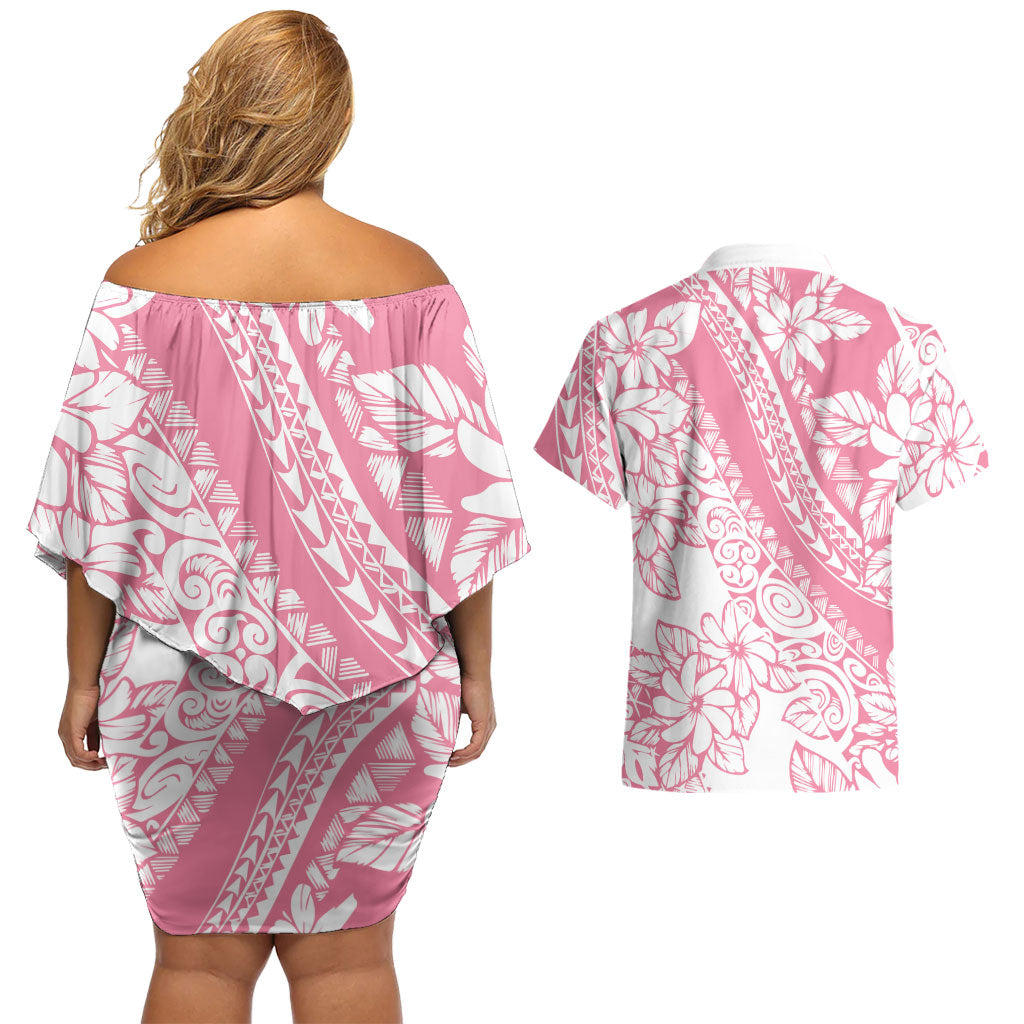 Polynesian Tiare Flower Pink Pastel Vibes Couples Matching Off Shoulder Short Dress and Hawaiian Shirt LT14 - Polynesian Pride