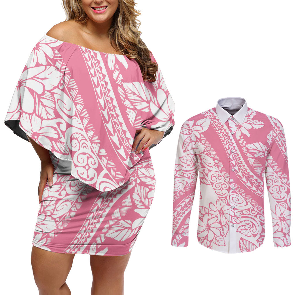 Polynesian Tiare Flower Pink Pastel Vibes Couples Matching Off Shoulder Short Dress and Long Sleeve Button Shirt LT14 Pink - Polynesian Pride
