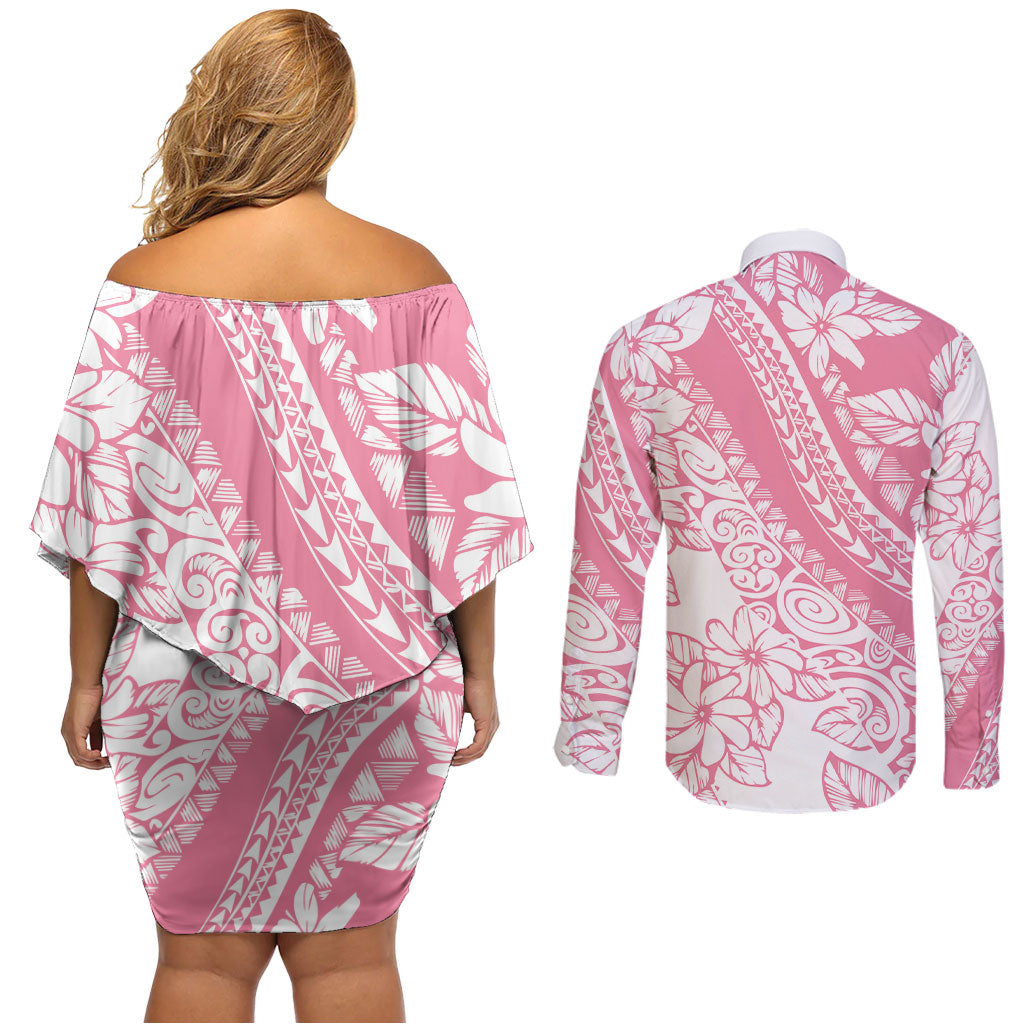Polynesian Tiare Flower Pink Pastel Vibes Couples Matching Off Shoulder Short Dress and Long Sleeve Button Shirt LT14 - Polynesian Pride