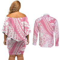 Polynesian Tiare Flower Pink Pastel Vibes Couples Matching Off Shoulder Short Dress and Long Sleeve Button Shirt LT14 - Polynesian Pride