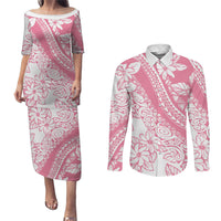 Polynesian Tiare Flower Pink Pastel Vibes Couples Matching Puletasi and Long Sleeve Button Shirt LT14 Pink - Polynesian Pride