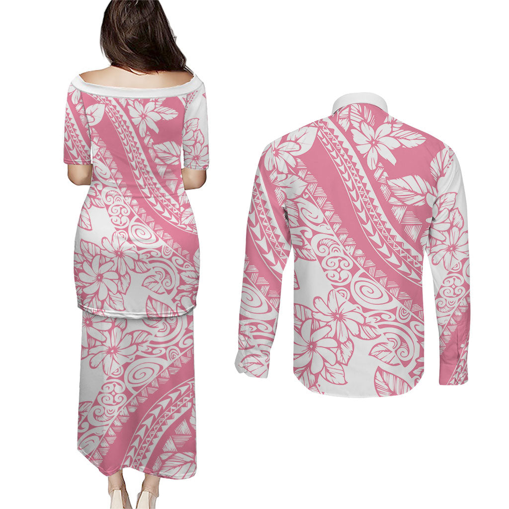 Polynesian Tiare Flower Pink Pastel Vibes Couples Matching Puletasi and Long Sleeve Button Shirt LT14 - Polynesian Pride