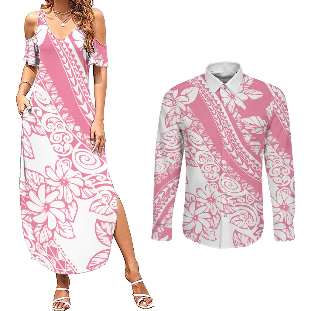 Polynesian Tiare Flower Pink Pastel Vibes Couples Matching Summer Maxi Dress and Long Sleeve Button Shirt LT14 Pink - Polynesian Pride