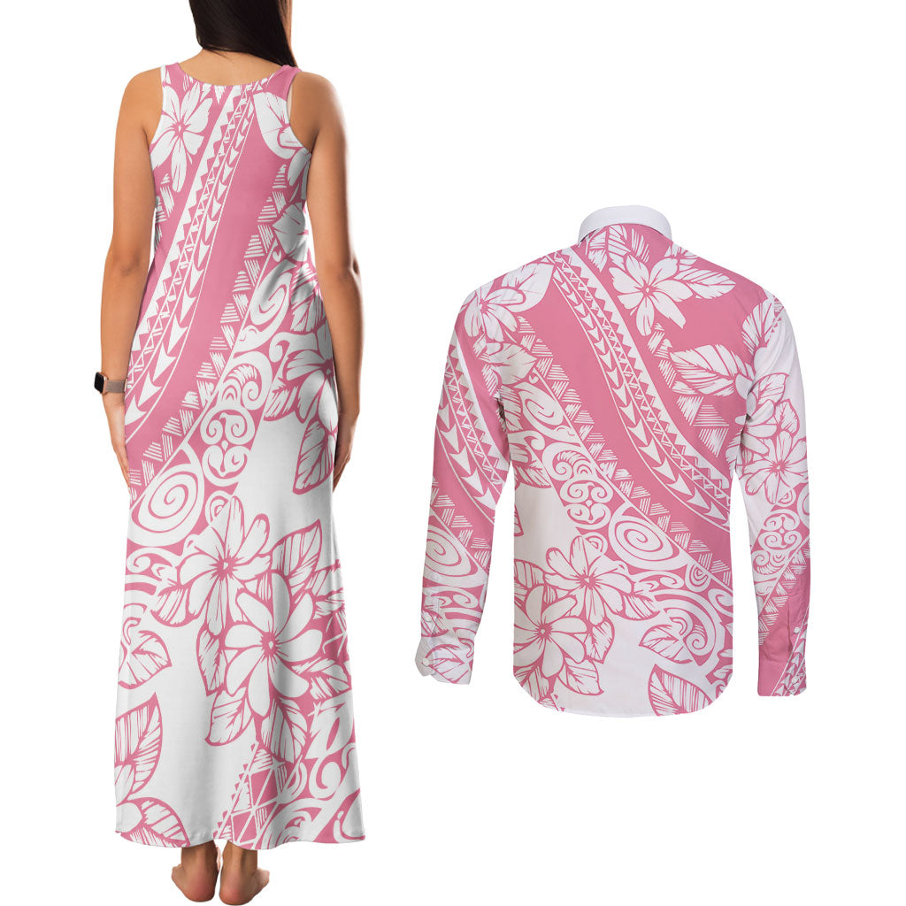 Polynesian Tiare Flower Pink Pastel Vibes Couples Matching Tank Maxi Dress and Long Sleeve Button Shirt LT14 - Polynesian Pride