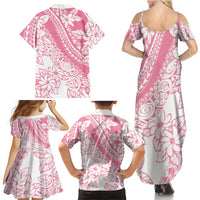 Polynesian Tiare Flower Pink Pastel Vibes Family Matching Summer Maxi Dress and Hawaiian Shirt