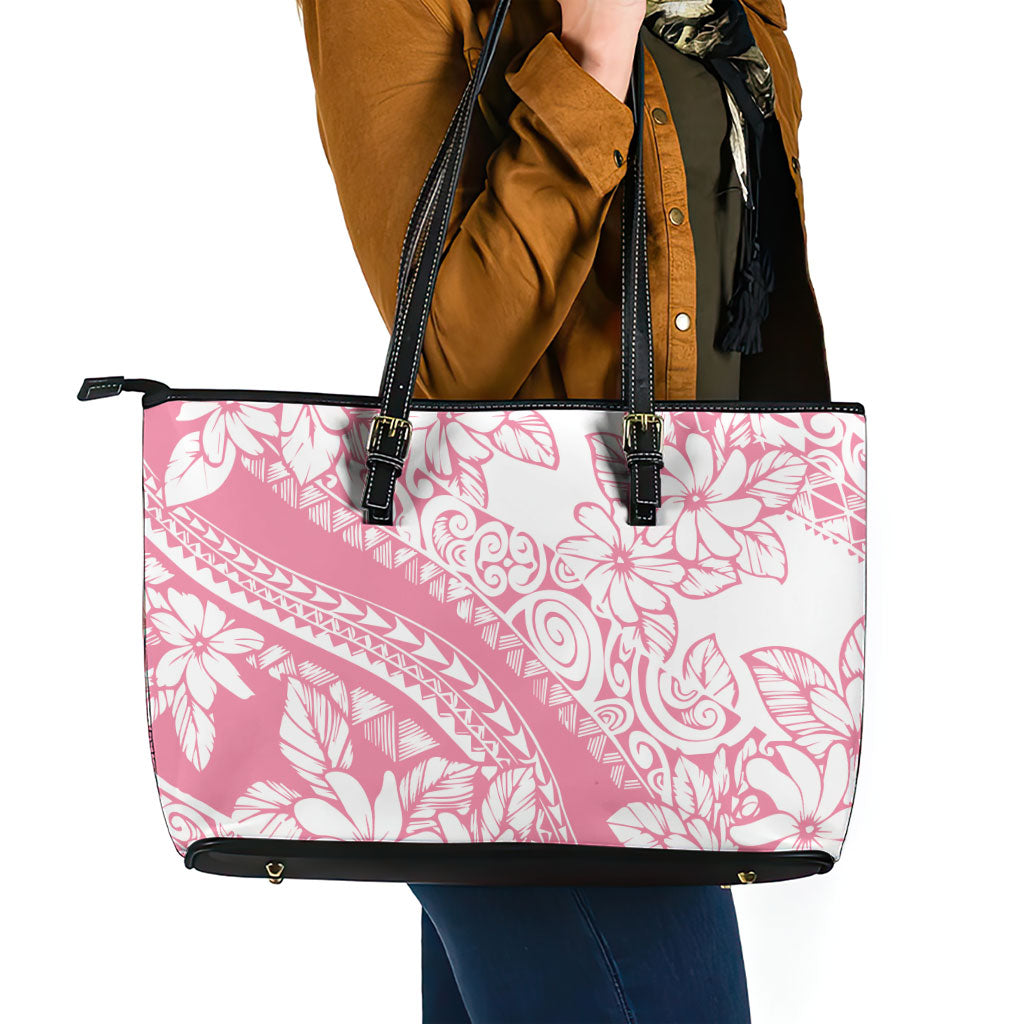 Polynesian Tiare Flower Pink Pastel Vibes Leather Tote Bag LT14 - Polynesian Pride